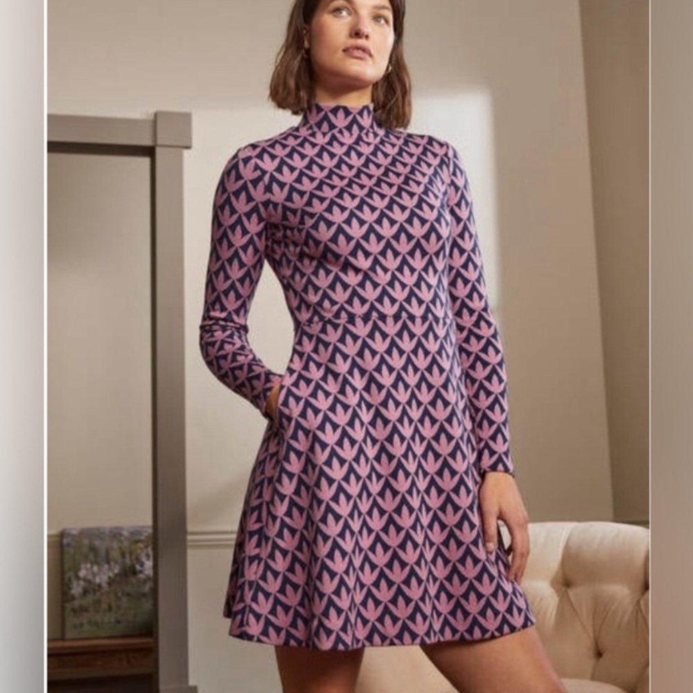Boden High Neck Jacquard long sleeve dress